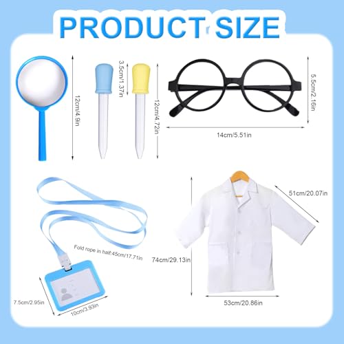 TUONYIS 6 Pcs Kids Scientist Costume, Kids Lab Coat with Dropper Glasses Work Card Magnifier, Boys Girls Scientist Outfit Doctors Outfit Scientist Doctor Role Play Set Scientist Fancy Dress (White) - Image 2