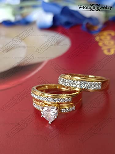 Stunning Heart Shaped 2.80cttw Cubic Zirconia CZ Engagement Ring Trio Bridal Set for Him & Her 14k Yellow Gold Over .925 Sterling Silver2