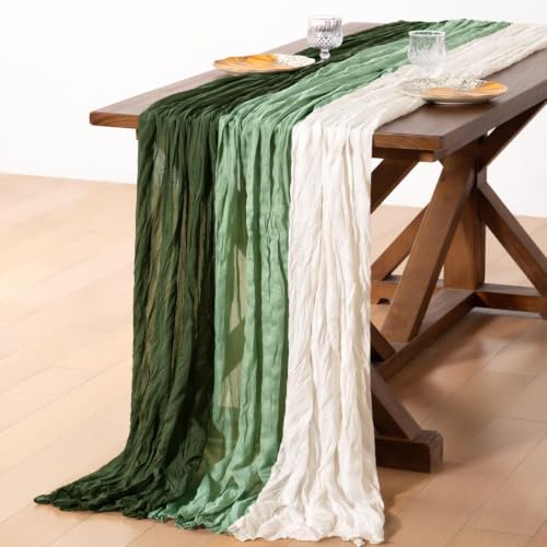 Image of Cheesecloth Table Runner Fall Boho 3pcs Mix and Match Wedding Decor | Olive Sage Ivory Rustic Gauze 10FT Cheese Cloth Sheer Farmhouse Runner for Wedding Party Baby Shower Holiday Decorations
