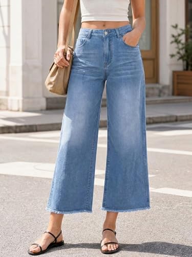 Women's Casual Loose Jeans Washed Denim Straight Leg Mid Rise wit...