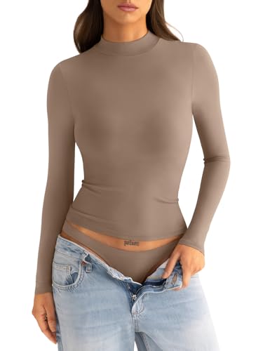 Eachyes Womens Mock Neck Long Sleeve T Shirts Seamless Top Turtleneck Slim Fitted Fall Winter Tops 2024 Khaki