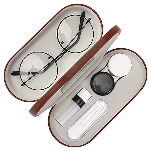 Image of MoKo Double Eyeglass Case, Contact Lens Case with Mirror Tweezers Remover, 2 in 1 Double Sided Portable Contact Lens Box Holder Container Soak Storage Kit Sunglasses Pouch for Men & Women, Brown