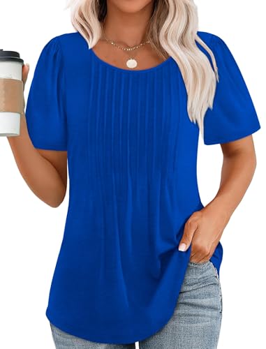 Womens T Shirts Short Sleeve Pleated Dressy Casual Scooped Neck Summer Tops Blouses