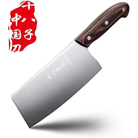 SHI BA ZI ZUO Chinese Meat Cleaver Knife 6.7-inch Meat Knife Stainless Steel Slicer Cleaver, Wooden Handle with Moderate Weight Cover