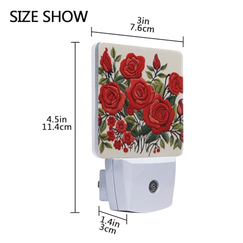 Image of Red Rose Flower Night Lights 2 Pack Plug-in Wall Led Nightlight Auto Dusk-to-Dawn Sensor Lamps for Bedroom Kitchen Bathroom