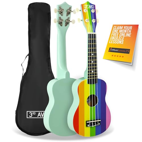 3rd Avenue Soprano Ukulele Beginner 21 Inch 4 Nylon Strings with Free Uke Bag - Rainbow - FREE 1 Month Online Lessons