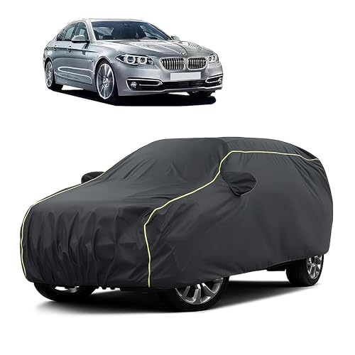 Image of Sulfar 100% Water Resistant Car Body Cover Compatible with Mirror for BMW 520i (Triple Stitched, Full Bottom Elastic, Dark Grey Taffeta with Yellow Piping)