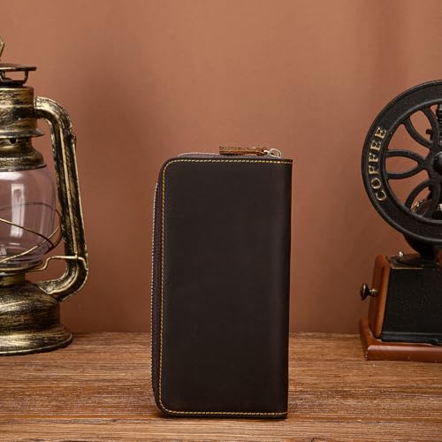 Retro Mens Genuine Leather Long Handbag Wallet with Phone Pocket Multi Compartments Daily Use (Coffee)3
