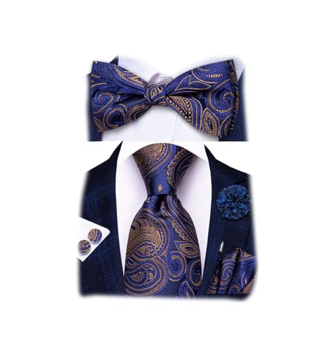 Image of Hi-Tie 5Pcs Mens Solid Color Silk Tie Satin Pretied Bowtie Lapel Pin for Men Handkerchief Cufflink Wedding Gift Box
