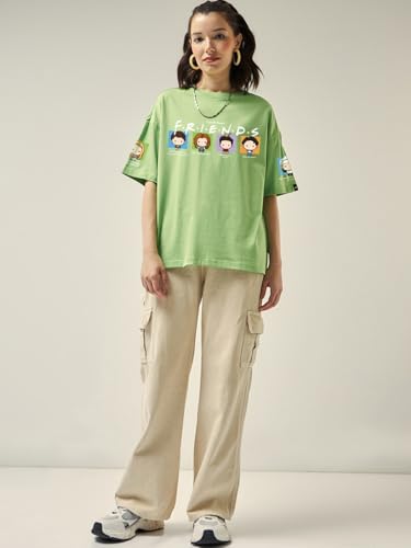 Image of Bewakoof Official Friends Merchandise Women's Graphic Printed Oversized Half Sleeve Round Neck Cotton Jersey