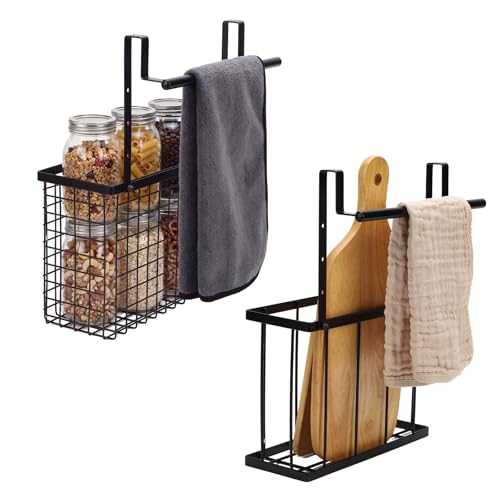 Cabinet Door Organizer with Towel Bar, Hang over Cabinet Door Storage, Under Sink & Kitchen Cabinet Organizer for Cutting Board, Baking Sheet, Foil, Plastic Wrap, Carbon Steel, 2 Pack