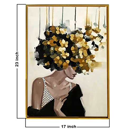 Image of PAINTINGMANTRA Mid Night Gold Girl With Flower Bouquet Gold Framed Canvas Print for Wall, Home and Living Room Decoration (Size - 23 x 17 Inchs)