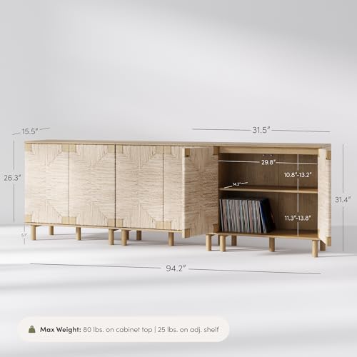 Image of Nathan James Beacon Accent Natural Sideboard Storage Cabinet TV Stand in Light Wood with Adjustable Interior Shelf and Seagrass Doors, for Hallway, Entryway or Dining Room, Light Brown, Set of 3