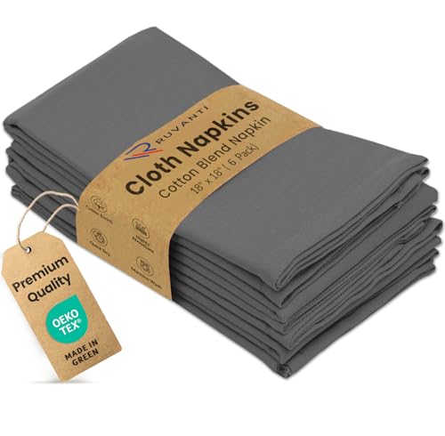 Image of Ruvanti Cloth Napkins Set of 6, 18x18 Inches Napkins Cloth Washable, Soft, Durable, Absorbent, Cotton Blend. Table Dinner Napkins Cloth for Hotel, Lunch, Restaurant, Wedding Parties - Charcoal Grey