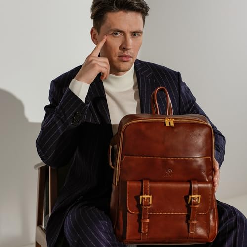 Image of Time Resistance Leather Backpack for Men and Women - Laptop Bag up to 15 inch - Cognac Brown Business Rucksack