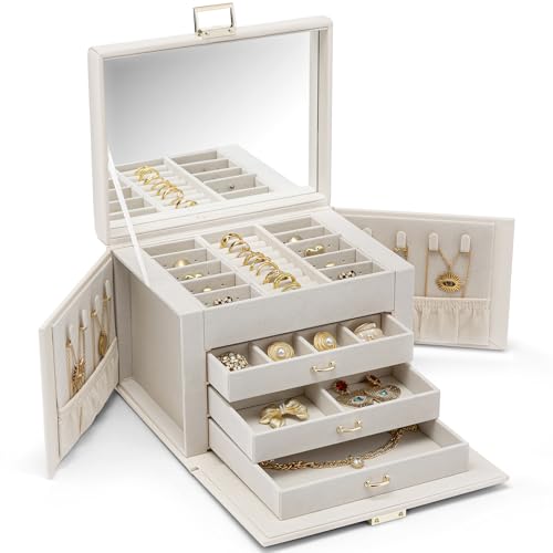 Vlando Jewelry Box 4-Tier,Jewelry Boxes & Organizers with Handle,3 Drawers Travel Jewelry Case with Mirror,Jewelry Storage,Earrings Necklace Rings Val