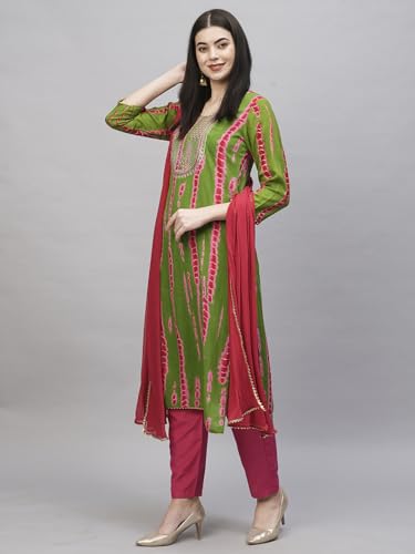 Image of GoSriKi Women's Rayon Blend Straight Printed Kurta with Pant & Dupatta