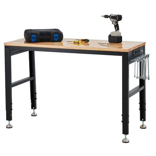 48x20Adjustable Workbench, 2000 Lbs Capacity, Heavy-Duty Garage Worktable with Built-in Power Outlet for Home, Office & Workshop, Adjustable Height 29.5-38.4