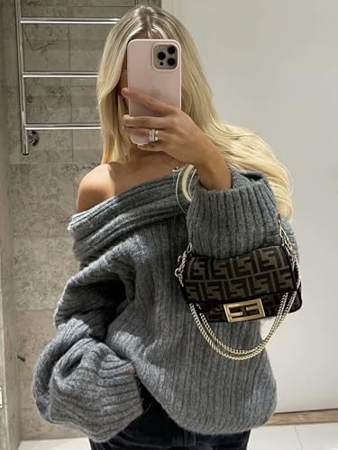 Image of Women Off Shoulder Batwing Sleeve Oversized Chunky Sweaters (Free Size)