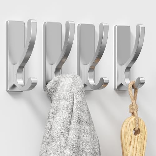 Adhesive Wall Hooks for Towels Coats - Stick On Hooks Hanging Heavy Duty (13lb), Metal Hook for Door, Bathroom, Dorm, Closet - Hanger for Purse, Bag, Robe,Backpack - No Damage to Wall - Sliver 4 Pack
