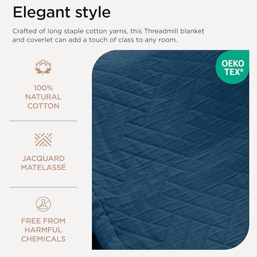 Threadmill Luxury Cotton Blankets for Twin Size Bed | All-Season 100% Cotton Twin Blanket for Bed | Criss Cross Jacquard Lightweight, Soft & Cozy Coverlet, 350GSM, 68x90 inches | Folkstone Blue