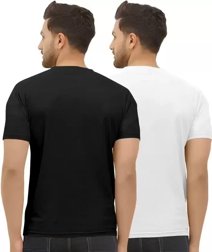 Image of Classic Men Solid Polyester Round Neck Tshirt || 11 Lines Graphic, Regular Fit, Comfortable T-Shirt for Men (Pack of 2)