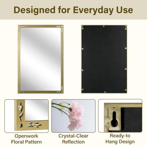 Image of Gold Floral Wall Mirror - 20 x 30 Inch Elegant Vintage Decorative Mirror for Bathroom Vanity Entryway Living Room