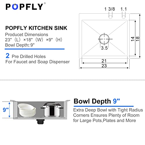 Popfly 23-Inch Overmount Kitchen Sink,Single Bowl Workstation Sink,Handmade Topmount Stainless Steel Sink,Brushed（23X18X9） #TOP6