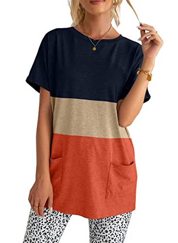 Dokotoo Womens Summer Casual Crewneck T-shirts Loose Fit Color Block Short Sleeve Oversized Shirts Plus Size Tunic Tops with Pockets for Women,US 18-20(2XL),Navy Blue,Apricot,Orange