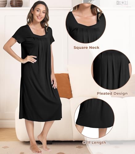 Image of NACHILA Women's Nightgowns-Viscose Made from Bamboo, Short Sleeve Sleepshirts Square Neck Sleepwear Soft Nightshirt
