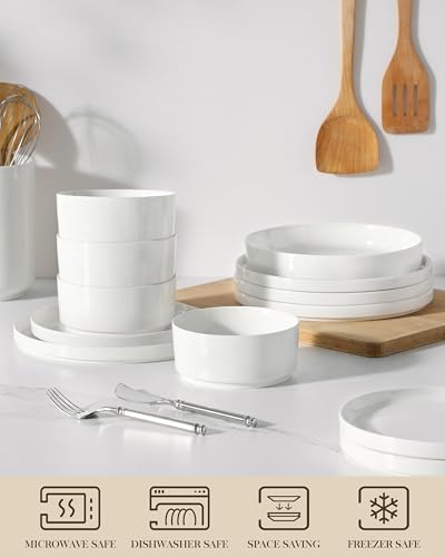 Miniatura 8 de Malacasa Vajilla Completa 6 Personas, 24 Piezas Juego De Platos Vajilla, Vajilla De Porcelana Blanca Con 6 Platos Llanos, Platos Postre, Platos Hondos, Platos Hondos Sopa, Serie Leah