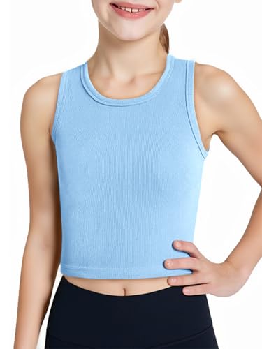 Image of Haloumoning Girls Tank Tops Kids Athletic Ribbed Knit Sleeveless Crop Tops Basic Camisole 5-14 Years