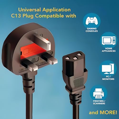 Desktop Power Cable 3 Pin UK Computer For PC Monitor Projector, ComputerAC Power Cord, Power Supply Cable Lead, Plug Lead Cord Printer 18AWG, BS 1363 to C13, 10A 250V, Black (1M)