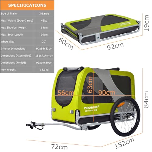 DOGGYHUT® Premium XL Hundefahrradanhänger bis 45 kg Fahrradanhänger für Hunde Hundeanhänger für Fahrrad große Hunde 80103 (GRÜN Lemon/SCHWARZ)