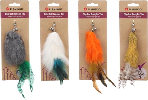 Flamingo Katzenspielzeug – Katzenangel Mijs Quaste 21cm – Mehrfarbig – Keine Farbauswahl möglich – Ersatzspielzeug mit Glöckchen und Federn