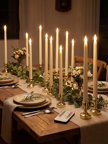 Image of 24 Pcs Flameless Taper Candles with Holders Remote Timer Battery Operated Candles Bulk LED Candlesticks Flickering for Valentines Wedding Home Window Carnival Party Decor(Gold,Classic Style)