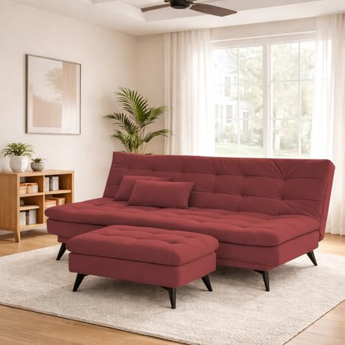 Image of Krancy Solid Wood 3 Seater Sofa Cum Bed with Ottomon | Convertible Wooden Couch for Living Room, Home & Office | Modern Designer Furniture | 1 Year Warranty | Maroon Color