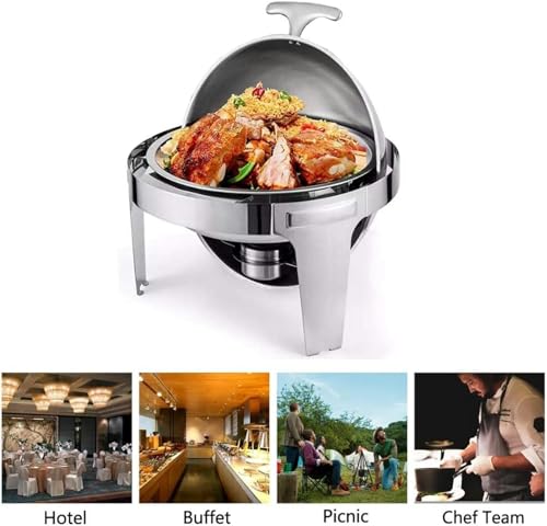 AFLEPCBRQ Roll-Top-Chafing Dish, komplettes Edelstahl-Chafer- und Buffetwärmer-Set mit Lebensmittelpfanne, Wasserpfanne und Brennstoffhaltern für Hochzeiten und Partys (rund, 6 l) – Bild 8