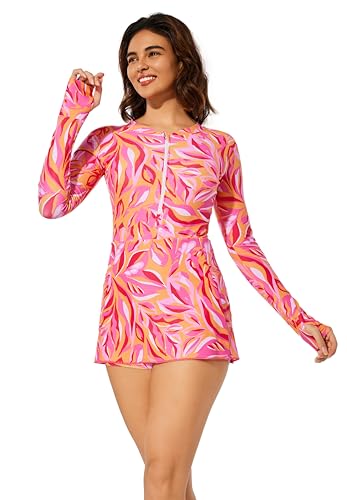 Cagola Women's Long Sleeve Swimsuits Rash Guard Swim Dress Modest Bathing Suit Swim Romper with Built in Bra and Pockets Rose Leaf L