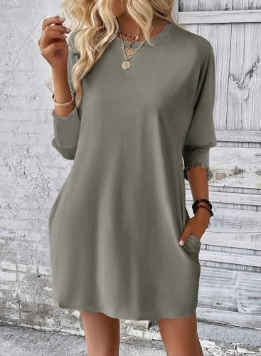 Image of Dokotoo Womens Dresses 2025 Spring 3 /4 Sleeve Fashion Dresses Crewneck Casual Mini Dress with Pockets S-XL