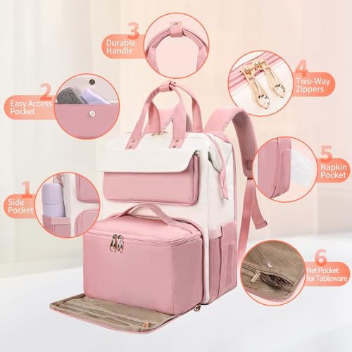 Image of BERTASCHE Lunch Backpack for Women, 15.6 Inch Laptop Backpack with Insulated Cooler Lunch box, Nurse Backpack for Teacher Work Travel College Picnic,Pink-Beige