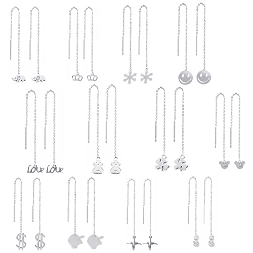 XHBTS Lot de 12 paires de boucles d'oreilles à enfile-aiguille pour femme – Boucles d'oreilles à longue chaîne avec motif smiley, couronne, flocon de...
