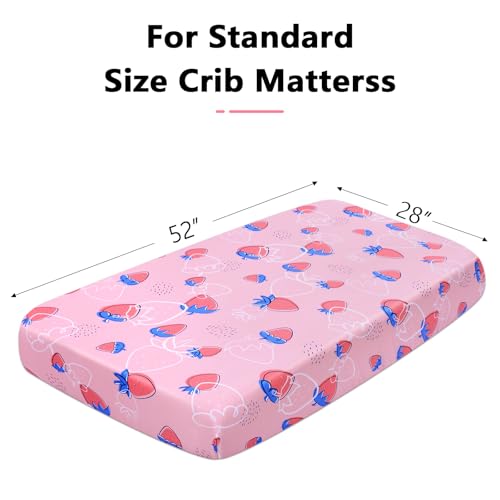 Image of Baby Fitted Crib Sheet Soft Microfiber 52 inch x 28 inch Crib Mattress Sheet for Girls Breathable Baby Bedding with Strawberry Pattern Design Pink