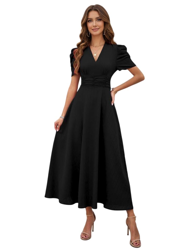 Image of Women's Solid Color V-Neck A-Line Maxi Stylish One Piece Long Midi Dress Party Outfit | Waist Cinched Puff Sleeve Elegant Casual Dresses for Women