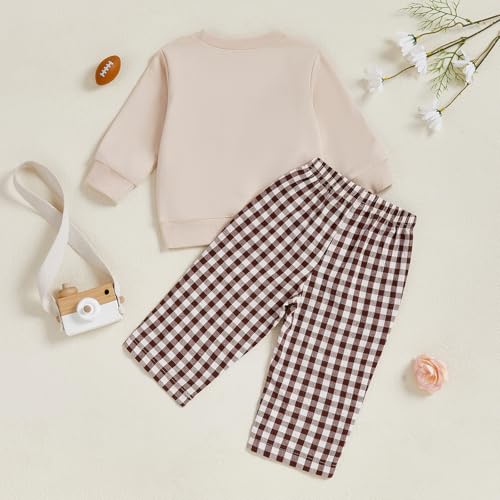 Toddler Baby Boy Football Smocked Outfit Long Sleeve Embroidery Crewneck Sweatshirt Gingham Pants Two Piece Clothes3