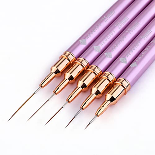 Aeocidy Nail Art Liner Brushes Set- 5Pcs Nail Art Brushes Nail Striper Brush Nail Polish Painting Gel Liner Brushes For Nails Art Design Nail Long Striping Brush Metal Handle, Sizes 5/9/15/20/25Mm #TOP7