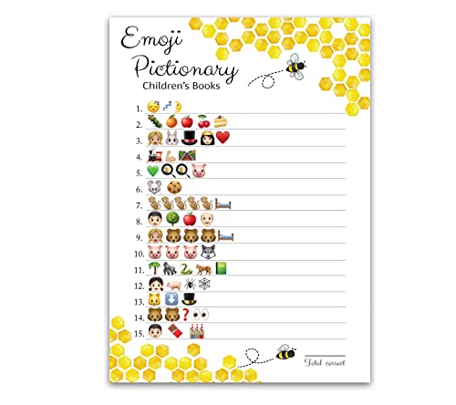 BEE Bumblebee Baby Shower Game Pack of 25 EMOJI Pictionary Children's Books Baby Shower Games, Yellow Gender Neutral Honeybee Party Game, Honey Bee Honeycomb Co-Ed Couples Shower Activity G620-EM...