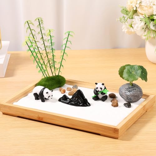 shaojian Kit de jardín zen para escritorio, 11 x 7.5 pulgadas, mini arena, jardín, meditación, decoración del hogar con adornos decorativos de arena y panda, decoración relajante de mini panda zen,