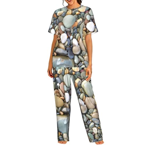 Pyjama léger à manches courtes pour femme motif imprimé galets en maille fine