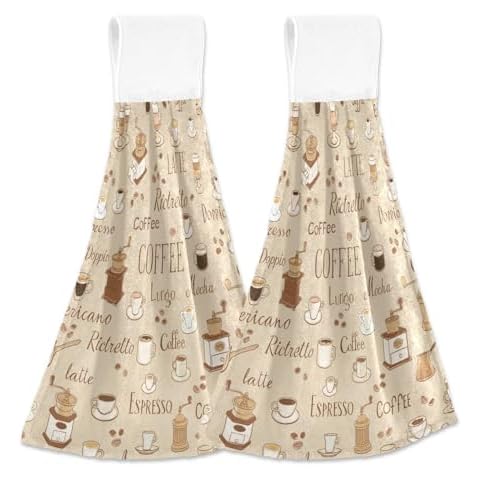 YETTASBIN Coffee Hanging Tie Towels Set of 2, Soft Absorbent Kitchen Hand Towels with Hanging Loops for Kitchen Bathroom Farmhouse Home Decor, 18.2 x 14 Inch Cover